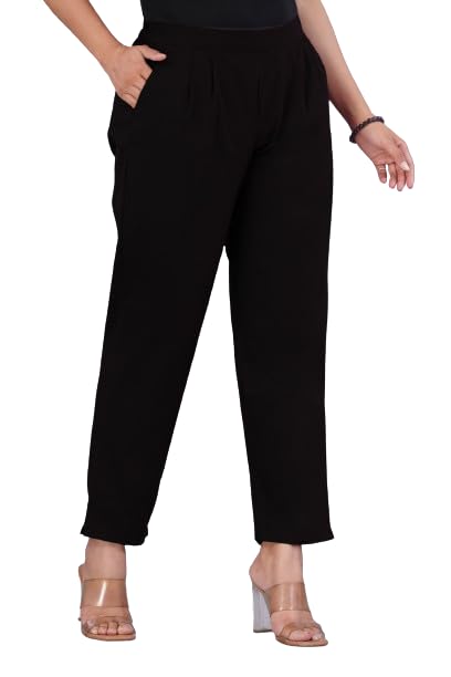 venitywave Women's Regular Fit Elastic Waist Ankle Length Cotton Formal Straight Trouser Pants for Casual Wear and Office Work-picture-52