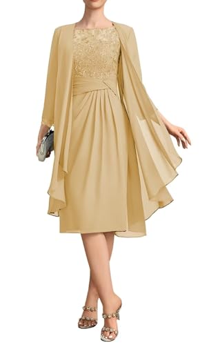 2 Piece Mother of The Bride Dresses for Women Chiffon Tea Length Long Sleeve Formal Lace Guest Gowns MD002 Gold
