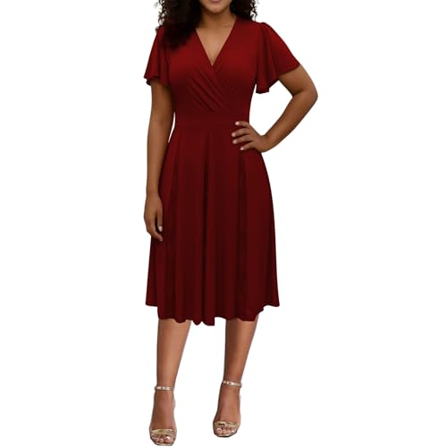 Image of Womens Burgundy Cocktail Prom Dresses 2025 Summer Sexy V Neck Lace Maternity Clothes Formal Wrap Wedding Guest Bridesmaid Midi Dress,XX-Large