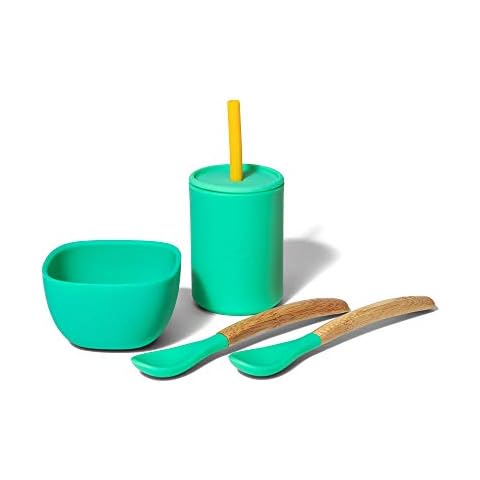Avanchy Silicone La Petite Essential Collections Gift Set Green - Includes Mini Silicone Bowl, Silicone Cup, and Bamboo Baby and Infant Spoons - Baby Food Set - Baby Shower Gifts Cover