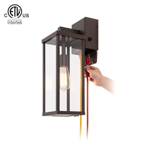 Image of mirrea 18 inch Classic Outdoor Wall Sconce with Built-in GFCI Outlet 1 Light in Oil Rubbed Bronze Rectangular Metal Frame and Clear Glass Shade Waterproof Porch Light Patio Light