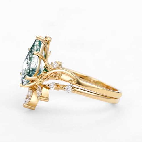 925 Sterling Silver 10K 14K 18K Gold Natural Moss Agate Engagement Ring Sets for Women 1.5CT Kite Cut Leaf Moss Agate Wedding Ring Sets with Moissanite4