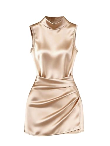 Verdusa Women's Mock Neck Satin Dress Sleeveless Ruched Wrap Bodycon Dresses Festival Outfits Apricot X-Large