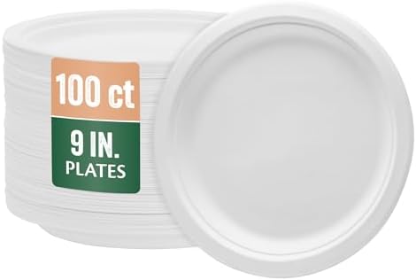 Nicole Home Collection Compostable Heavy Duty 9″ Disposable Paper Plates 100% Bagasse Biodegradable Eco-Friendly Natural Sugarcane 100 Count