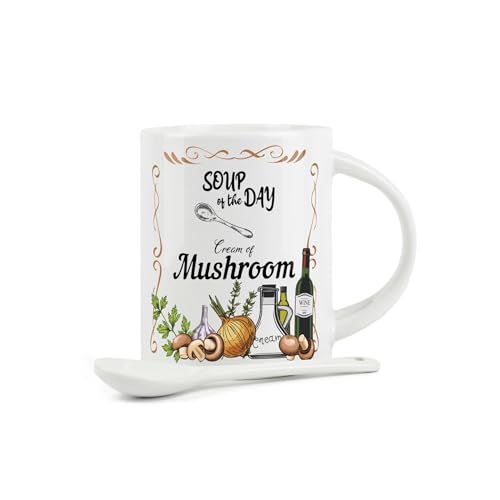 Purely Home Soup Mug and Spoon Set - Cream of Mushroom Soup of The Day - Ceramic White Soup Mug with Spoon in Handle - Image 2