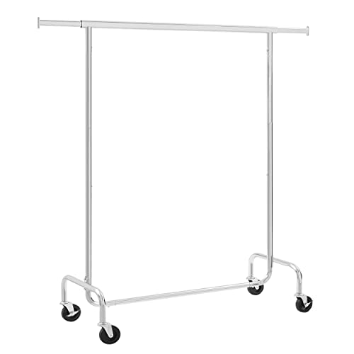 SONGMICS Portant à Vêtements avec Roulettes, Tringle Extensible pour Charge Lourde, Capacité de Charge 130 kg, Porte-manteau pour Vêtements, en Métal, Chromé, Argent HSR11S