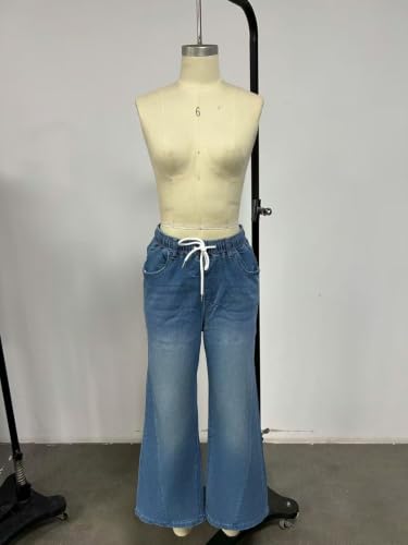 TRCELECTROP Womens Flare Jeans High Waisted Wide Leg Denim Pants Y2k Casual Baggy Drawstring Elastic Waist Bootcut Jeans - image 3