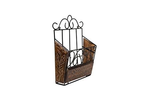 Image of Wood & Wrought Iron Modern Elegance Magazine Newspaper & Book Wall Rack for Home & Office, Black & Natural Finish, 38x28x11 cm (Magazine Rack Pack of 2)