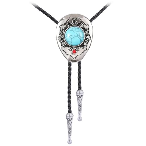 Image of Turquoise Bolo Tie for Men, Leather Braided Necktie Western Cowboy Bola Tie Costume Accessories for Men Women