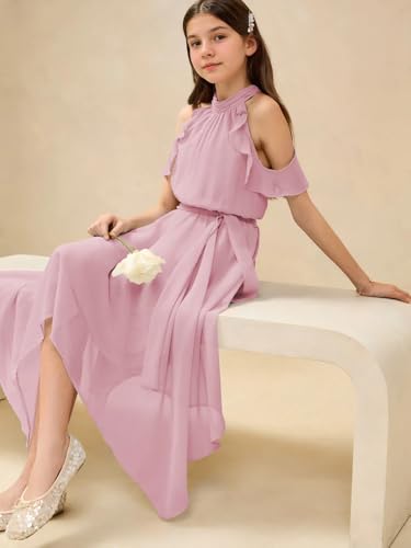 MCieloLuna Ruffle Chiffon Junior Bridesmaids Dresses Irregular Summer Boho Flower Girl Dress Halter Dance Party Sundress3