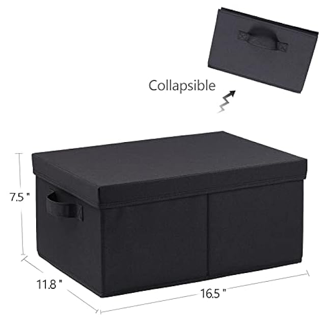 HOONEX Storage Bins with Lids for Organizing, Pack of 2, Storage Boxes with 2 Carrying Handles and Sturdy Heavy Cardboard, 16.5 L x 11.8 W x 7.5 H for Shoes, Books, Clothes, Black