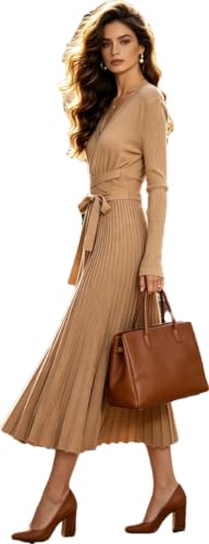 Image of RanRui Womens Winter Fall Pleated Knitted Fit and Flare Long Sleeve Sweater Dress