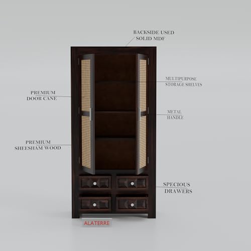 Image of Solid Sheesham Wood 2 Door Wardrobe with Cane Panels & 4 Drawers | Wooden Storage Cabinet with Shelves | Modern Bedroom Cupboard for Clothes & Storage (Walnut Finish)