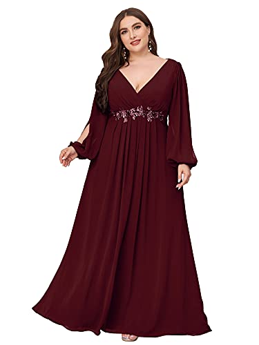 Ever-Pretty Plus Women's Floor Length V Neck Lantern Long Sleeves Applique Mother of The Bride Dress Plus Size Formal Dresses