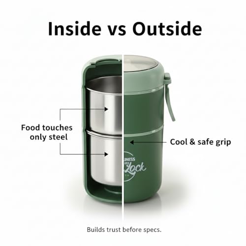 Image of Insulated Stackable Bento Box, 304 Stainless Steel Leak-Proof Thermal Lunch Pot with Foldable Spoon, 780ML Double-Layer Food Flask for Work & School - Green