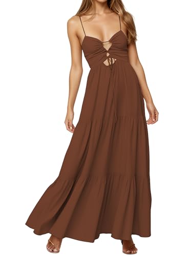 Image of Womens Summer Floral Spaghetti Strap Backless Low Cut Smocked Milkmaid Flowy Beach Sundresses