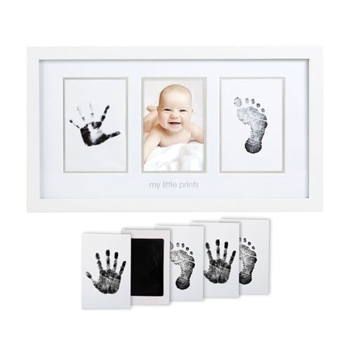 Pearhead Babyprints Newborn Handprint and Footprint Photo Frame with Clean-Touch Ink Pad, Gender-Neutral Baby Keepsake Picture Frame Nursery Décor, Mother’s Day Accessory, White