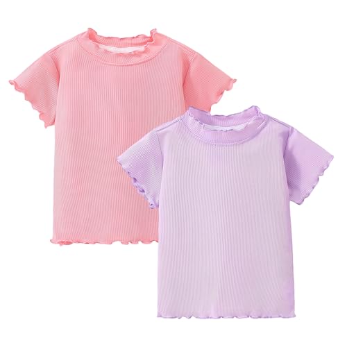 Image of Girls Summer Lettuce Trim Ribbed Knit Short Sleeve T-Shirts Solid Color Casual Blouse Tops