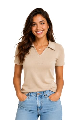 Image of Women's Ribbed V Neck Collared, Casual Short Sleeve Polo Top, Stretch Knit, Soft Lightweight Summer Basic Tee for Office, Work, Travel
