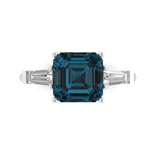 Clara Pucci 3 CT Asscher Cut Natural London Blue Topaz Ring for Women in 14K White Gold, 3 Stone Proposal Wedding Anniversary Designer Bridal Ring, Womens Solid Gold Ring