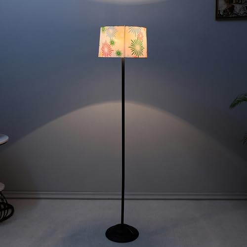 Image of tu casa Black Metal-Iron Base Foldable Floor Lamps with Flowral Print & Satin Shade for Bedroom, Living Room, Lounge, Office Area, Gifting Without Bulb for Home Decoration (Height - 53 inch)