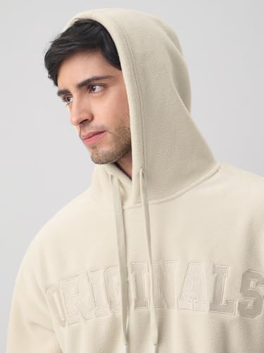 Image of The Souled Store Creme Men and Boys Full Sleeves Hooded Neck Solid Embroidered Polar Fleece Soft Fleece Winter Wear Oversized Pullover Hoodie
