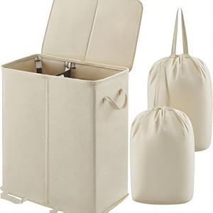 RETSAMV Wäschekorb 140L Creme mit 2 Fächern