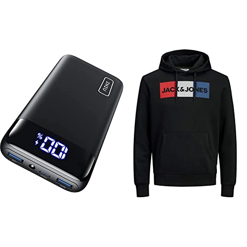 INIU Power Bank 20000mAh, 22,5W Powerbank klein Aber stark, 3A USB C PD 3.0 QC 4.0 Externer Handyakkus & Jack & Jones Herren Jjecorp Logo Sweat Hood Noos Kapuzenpullover, Black 3, XXL Cover