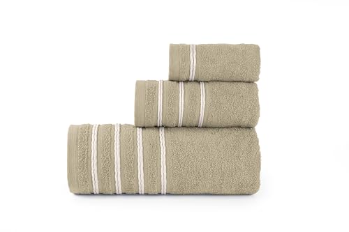 BLUME HOME Juego de Toallas de Baño Oro Xenil, 3 Piezas, Blanco con Franjas Grises, 30x50, 50x100, 100x150 cm (Taupe)
