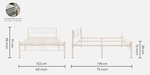 Image of Zyra Metal Queen Size Bed Without Storage | Wrought Iron Double Bed with Headboard & Footboard | Sturdy Powder Coated Platform Bed Queen Size Cot for BedroomLivingRoom Ivory (75x60)