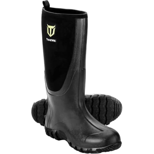 TIDEWE Rubber Boots for Men, Waterproof Rain Boots with Steel Shank | Multi-Season 6mm Neoprene Hunting Boots with Sturdy Rubber, Anti-Slip Traction, Breathable Mesh and Easy-On Kick Tab Bla