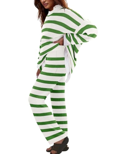 Image of LAMISSCHE Oversized Womens Lounge Set Striped Sweater Set Long Sleeve 2 Piece Pajama Set Top and Pants with Pockets