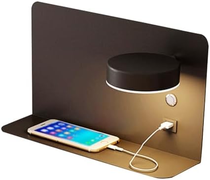 USB Wall Sconce with Shelf, 7W Black Wall Lamp with Shelf Holding and Three Adjustable Light Colors for Bedroom, Living Room, Office, Corridor, Kitchen, Staircase
