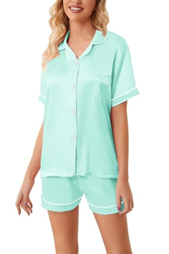 Image of Schbbbta Girls Womens Pajamas, Satin Silky Pjs Set Kids 2Pcs Button-Down Nightwear Sleepwear Gift for Mommy and me