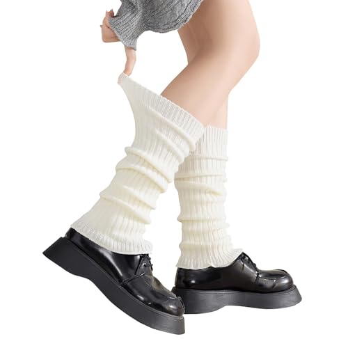 Image of Anzailala Leg Warmers for Women Winter, Ribbed Knitted Long Socks (White)