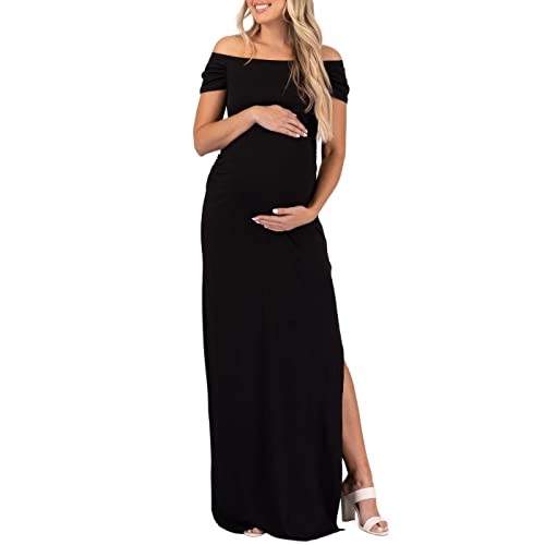 Mother Bee Maternity Short Sleeve Ruched Side Bodycon Dress With Side Slit Black #TOP12