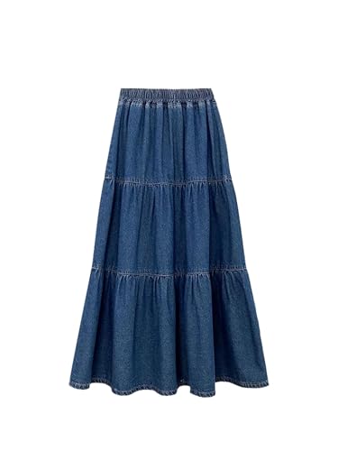 Womens Casual Denim Cake Skirt High Waist Loose Fit Wash Denim Midi Length Casual Jean Skirt3