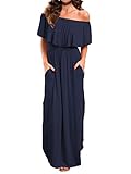 Off the shoulder dress features: casual and higher waist line with ruffle,long side split with pockets,loose fit Wear Style: over both shoulders, off both shoulders, or under one arm Side split maxi dresses very flattering and sexy, especially when w...