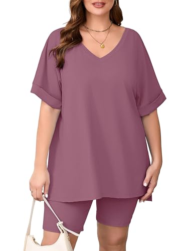 Image of AusLook Women's Plus Size 2 Piece Short Outfits Set Short Sleeve Tops and Shorts Pants Lounge Jogging outfits Matching Set