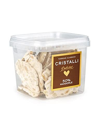 Torrone mit 50% Mandeln in Stücken, transparente Box, hart, Cristalli Mandorle, 250g, brüchiger weißer Nougat, Dolcital Cover