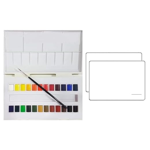 Sennelier Caja de pintura Aquarelle de plástico, 24 colores + pincel y 2 tarjetas postales de acuarelas, Francia