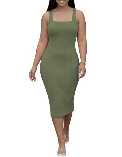 Image of TOPSRANI Women Sexy Midi Dress Bodycon Casual Sleeveless Basic Ruched Tank Summer Club Party Dresses