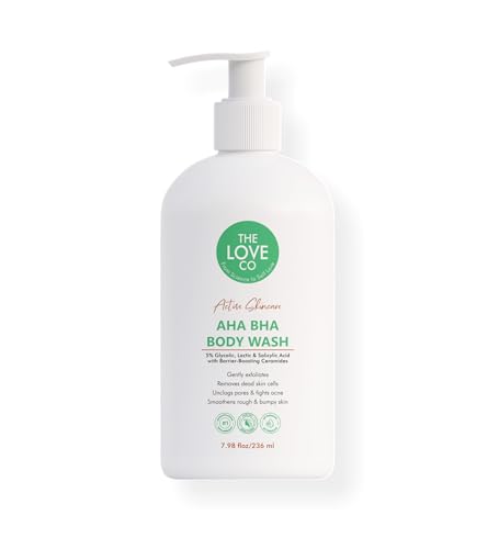 THE LOVE CO. AHA BHA Body Wash | 5% Glycolic, Lactic & Salicylic Acid | Gently Exfoliates, Fights Acne & Unclogs Pores | With Barrier-Boosting Ceramides | Sulphate-Free | Unisex | 236ml