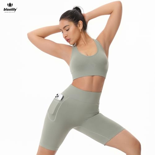 BLUELILY Sports Bras for Women High Impact Cross Back Strappy Bras Cropped Padded Seamless Workout Yoga Bras Set4