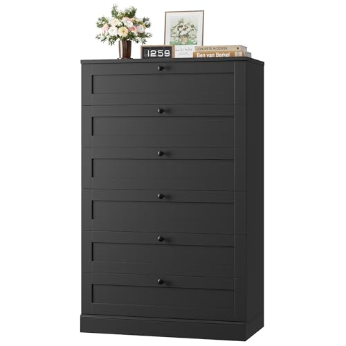 HOSTACK 6 Drawer Dresser for Bedroom 52 Tall Dresser & Chest of Drawers 29 W Wood Drawer Chest Modern Vertical Storage Cabinet for Living Room Entryway Hallway Black