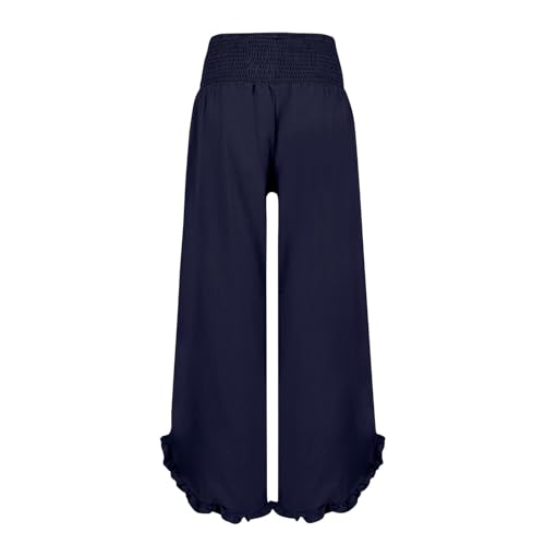 Linen Pants for Women Smocked High Waisted Ruffle Wide Leg Pants Flowy Summer Boho Beach Palazzo Pants with Pockets3