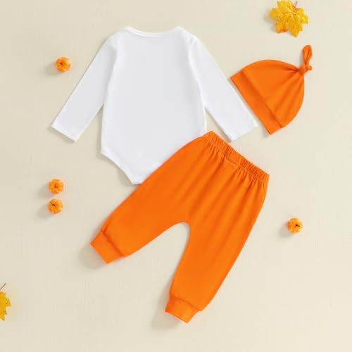 Thorn Tree Baby Boy Halloween Outfit Pumpkin Truck Embroidered Romper Solid Elastic Waist Pants Knot Hat Infant Fall Clothes4