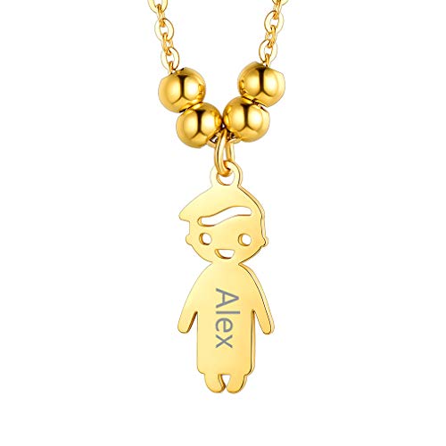 Custom4U Pendentif Enfant Garçon Prénom Personnalisable-Collier Maman Plaqué Or en Acier Inoxydable à Graver avec Chaine 45+5 cm-Bijoux Personnalisés Cadeau Anniversaire pour Maman Mère Fils Cover