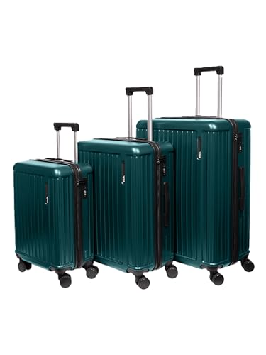 Image of ZOUK Sahana Hardcase Luggage Set of 3 (Cabin 49 cm, Medium 68 cm & Large 78 cm), Polycarbonate Suitcase with TSA Lock, 8 Spinner Wheels, Telescopic Handle & Phone Stand | Dark Olive