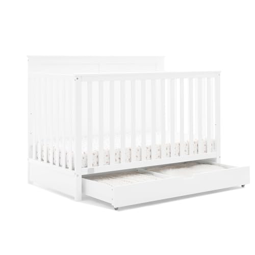 Image of Simmons Kids Logan 6-in-1 Convertible Crib with Underdrawer - Greenguard Gold Certified, Bianca White + Simmons Kids Silver Nights Dual Sided 2-Stage Antimicrobial Baby Crib Mattress (Bundle)